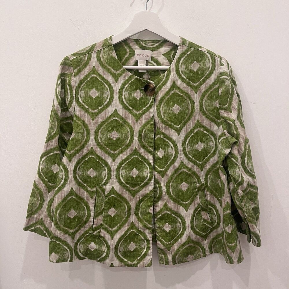 CHICO'S 100% Linen Open Front Jacket Geometric Ikat Print Green Tan Size 1 Caree